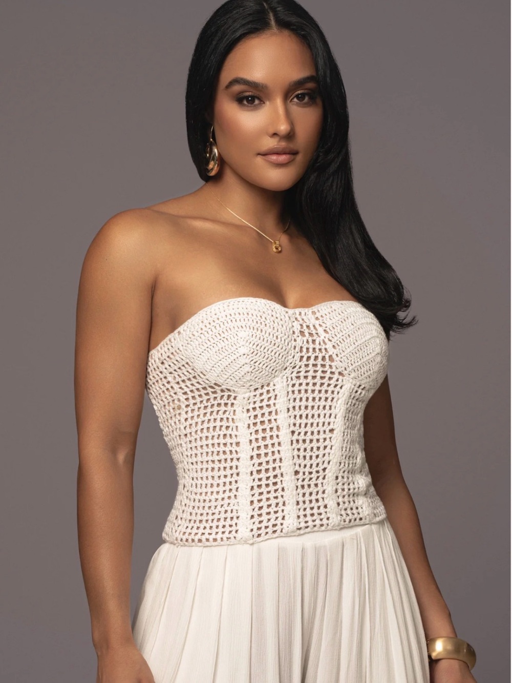 Jluxlabel Strapless Crochet Bustier Top in Off-White medium